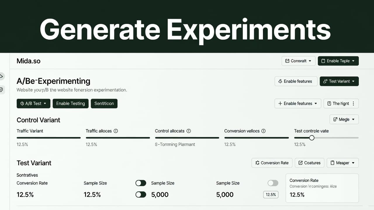 A clean website experimentation dashboard with a dark-green header showing the title Generate Experiments.