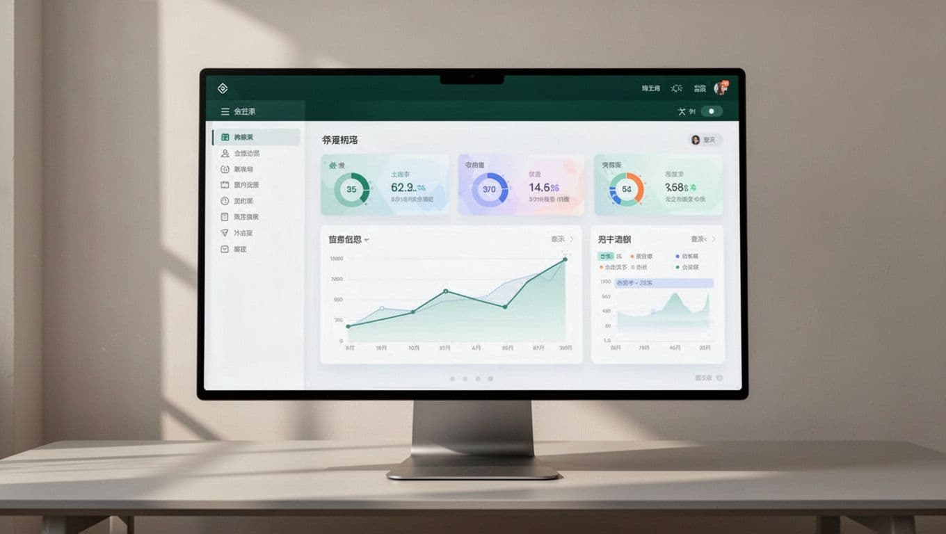 A computer monitor displaying a software layout dashboard with a dark green header.