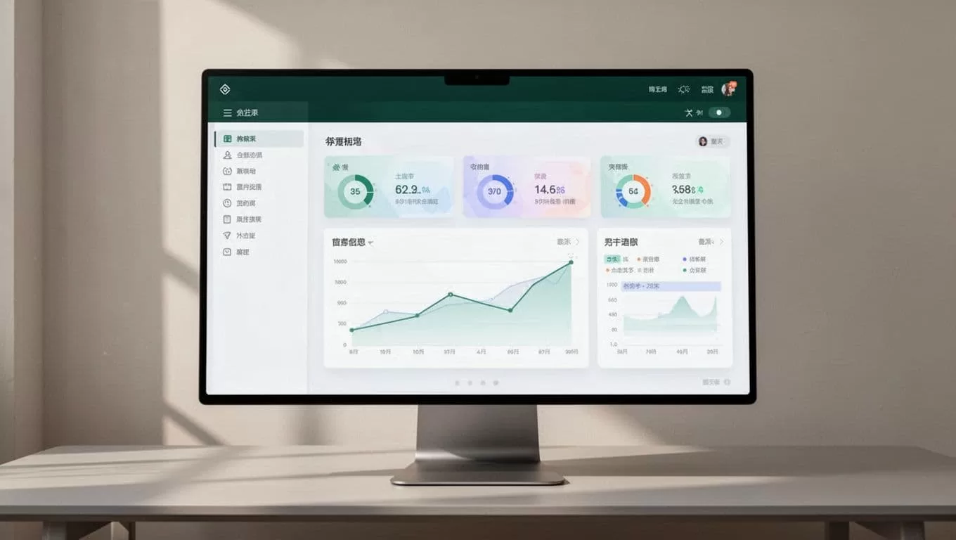 A computer monitor displaying a software layout dashboard with a dark green header.