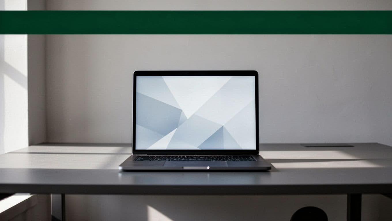 A minimalist workspace features a single laptop displaying an abstract geometric UI pattern on its screen. A bold dark green horizontal banner sits above the desk featuring crisp white bold typography.