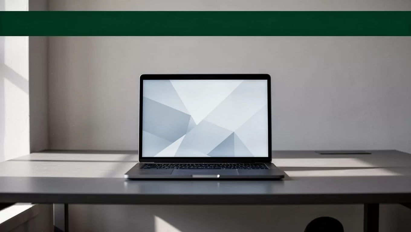 A minimalist workspace features a single laptop displaying an abstract geometric UI pattern on its screen. A bold dark green horizontal banner sits above the desk featuring crisp white bold typography.