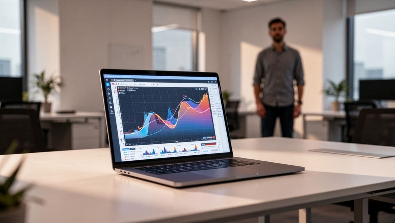 A laptop displaying performance graphs on a desk in a softly lit modern office.