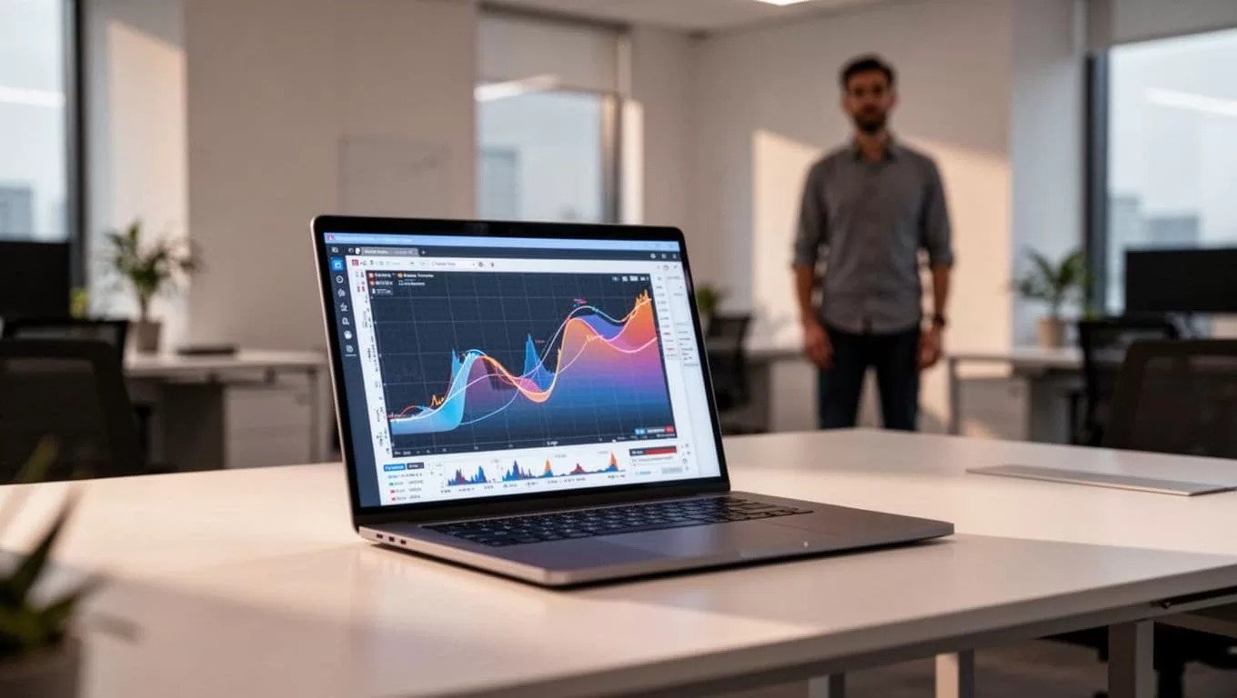 A laptop displaying performance graphs on a desk in a softly lit modern office.