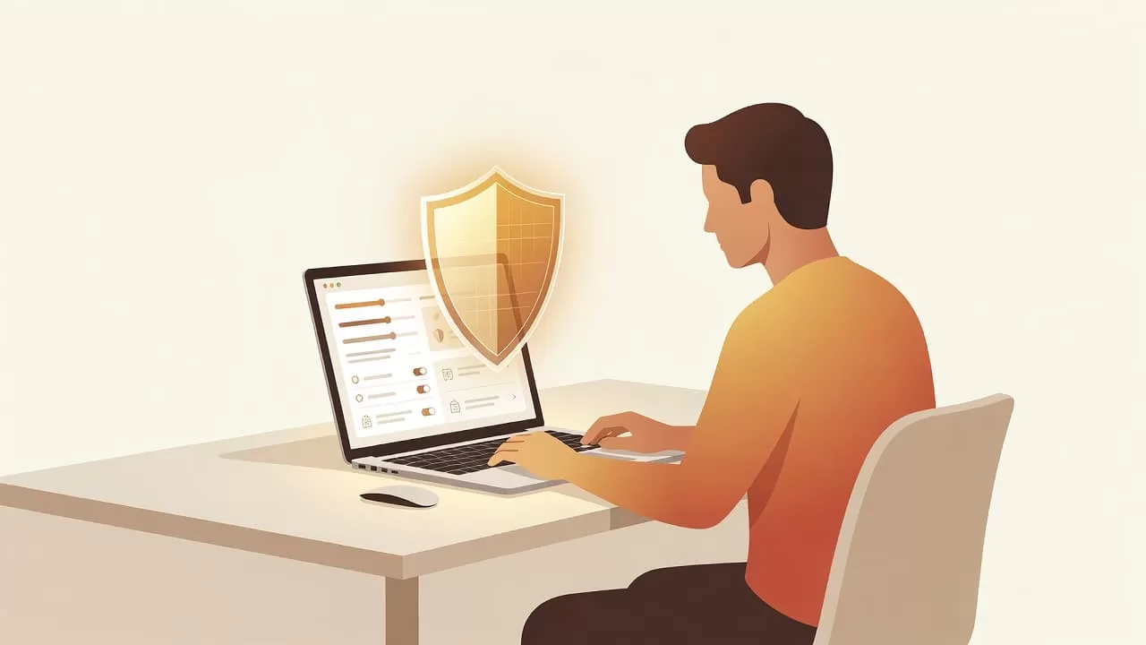 A person sits at a clean, minimalist desk using a laptop. A glowing digital shield floats above the screen, illustrating secure web traffic and gated content within a warm-toned environment.