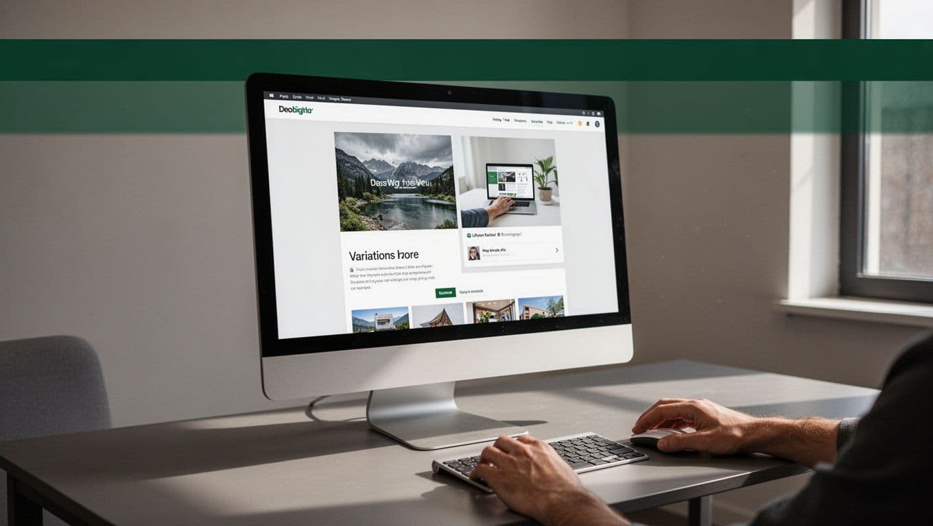 A computer monitor showing a website variation preview with a person using the mouse.