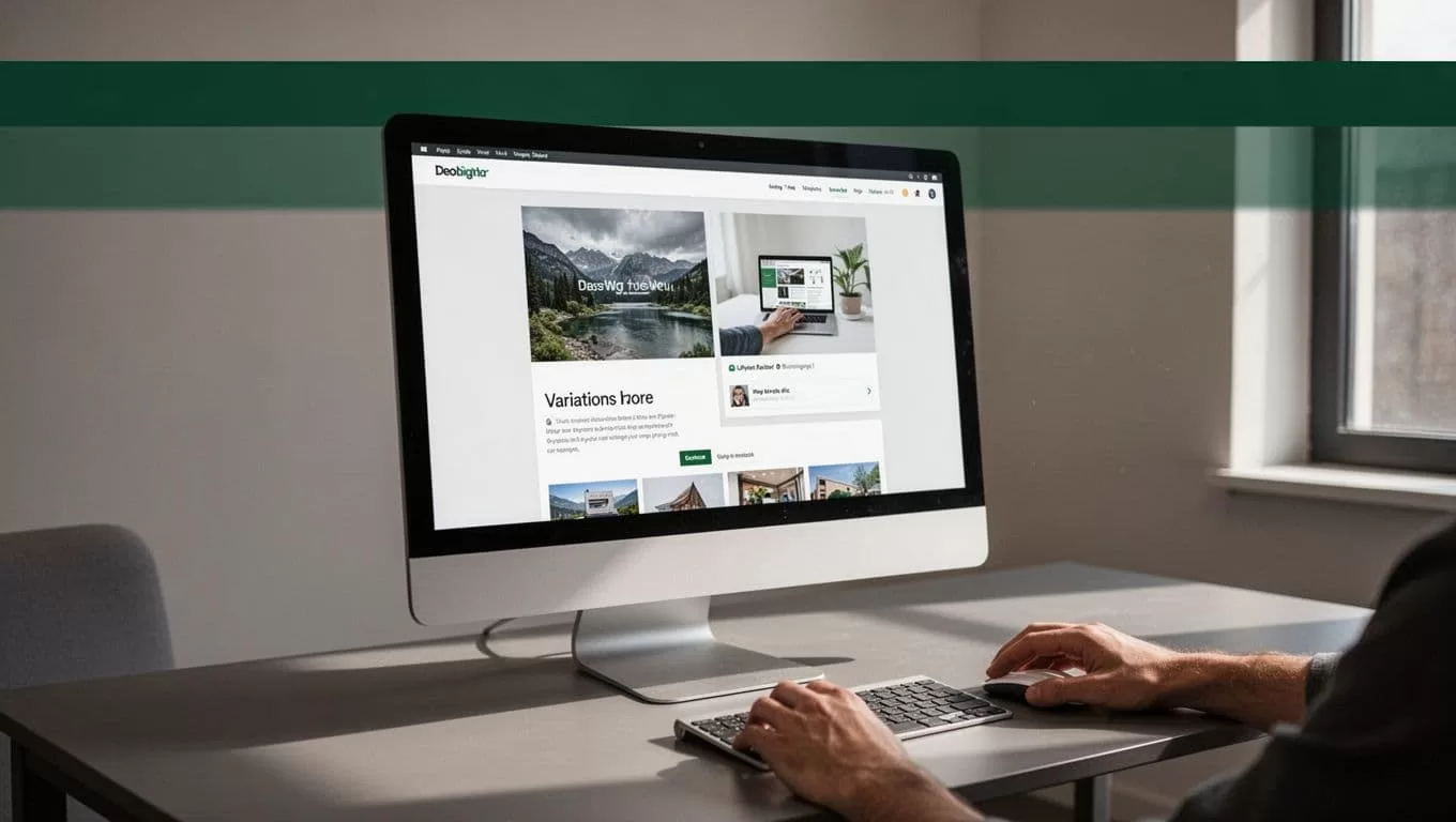 A computer monitor showing a website variation preview with a person using the mouse.