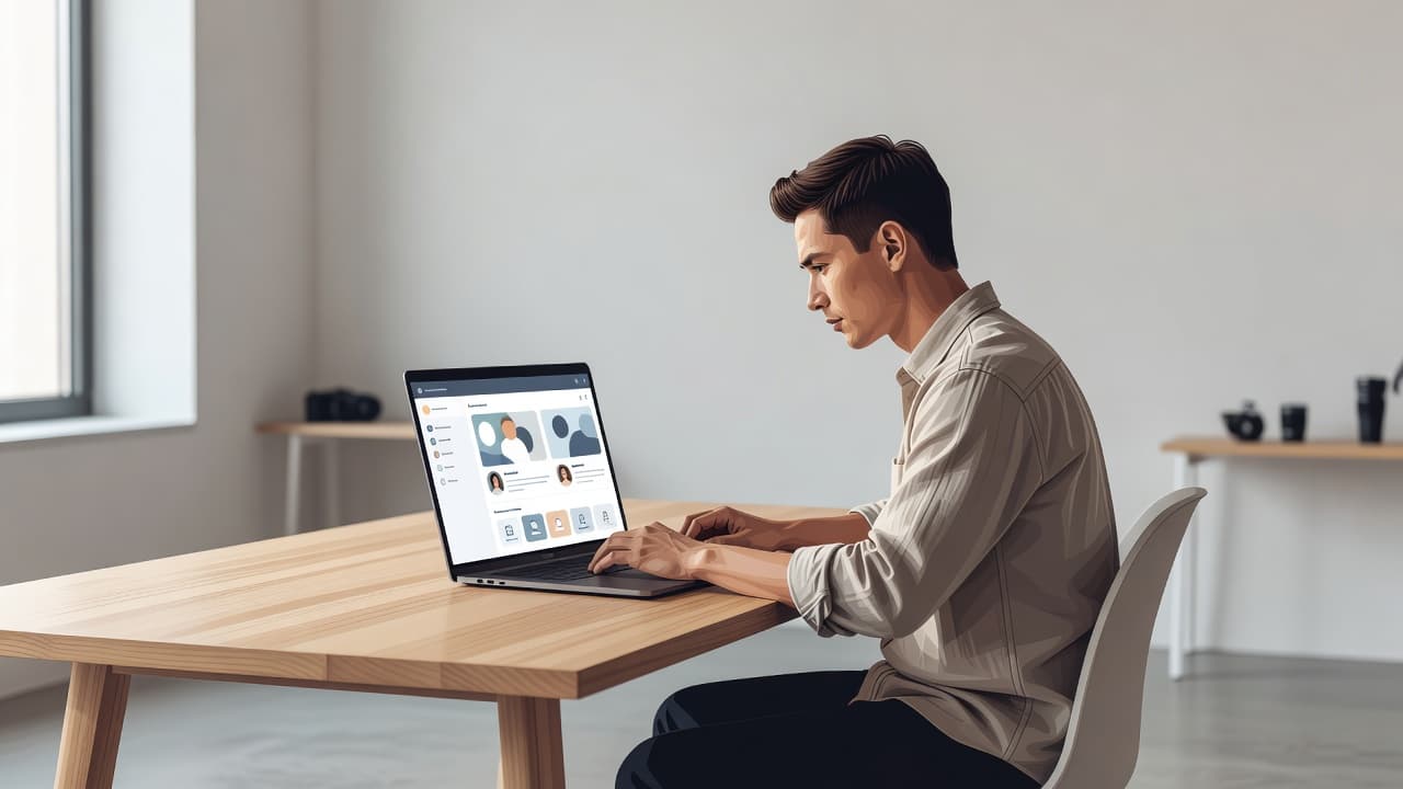 A photographer sits at a minimalist wooden desk within a sunlit studio, reviewing vibrant wedding images on a laptop screen. Soft natural light illuminates the clean, modern workspace and professional gear.