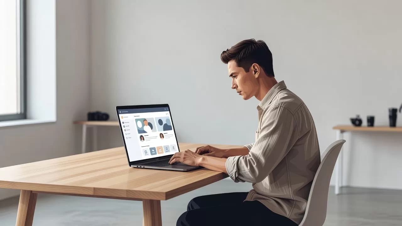 A photographer sits at a minimalist wooden desk within a sunlit studio, reviewing vibrant wedding images on a laptop screen. Soft natural light illuminates the clean, modern workspace and professional gear.