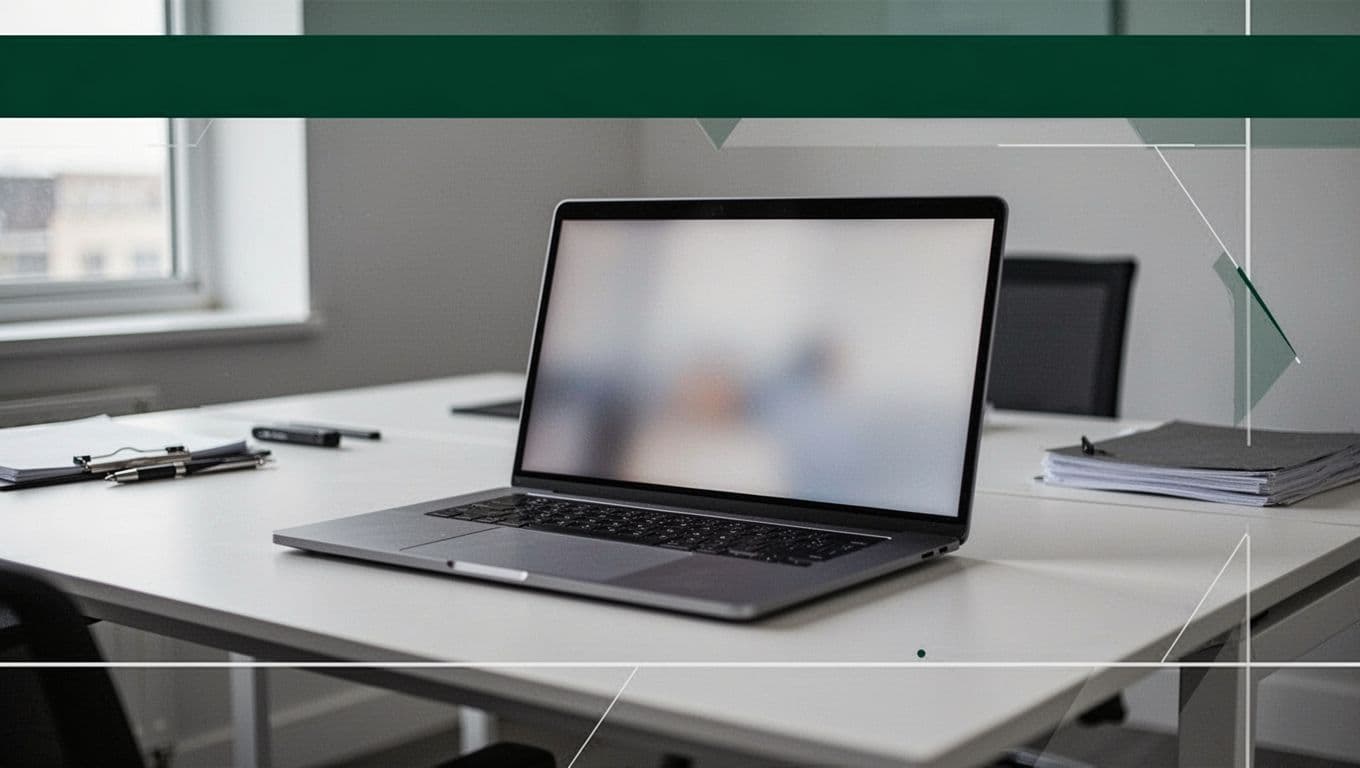 A modern laptop on a clean desk sits under a green banner with white typography.