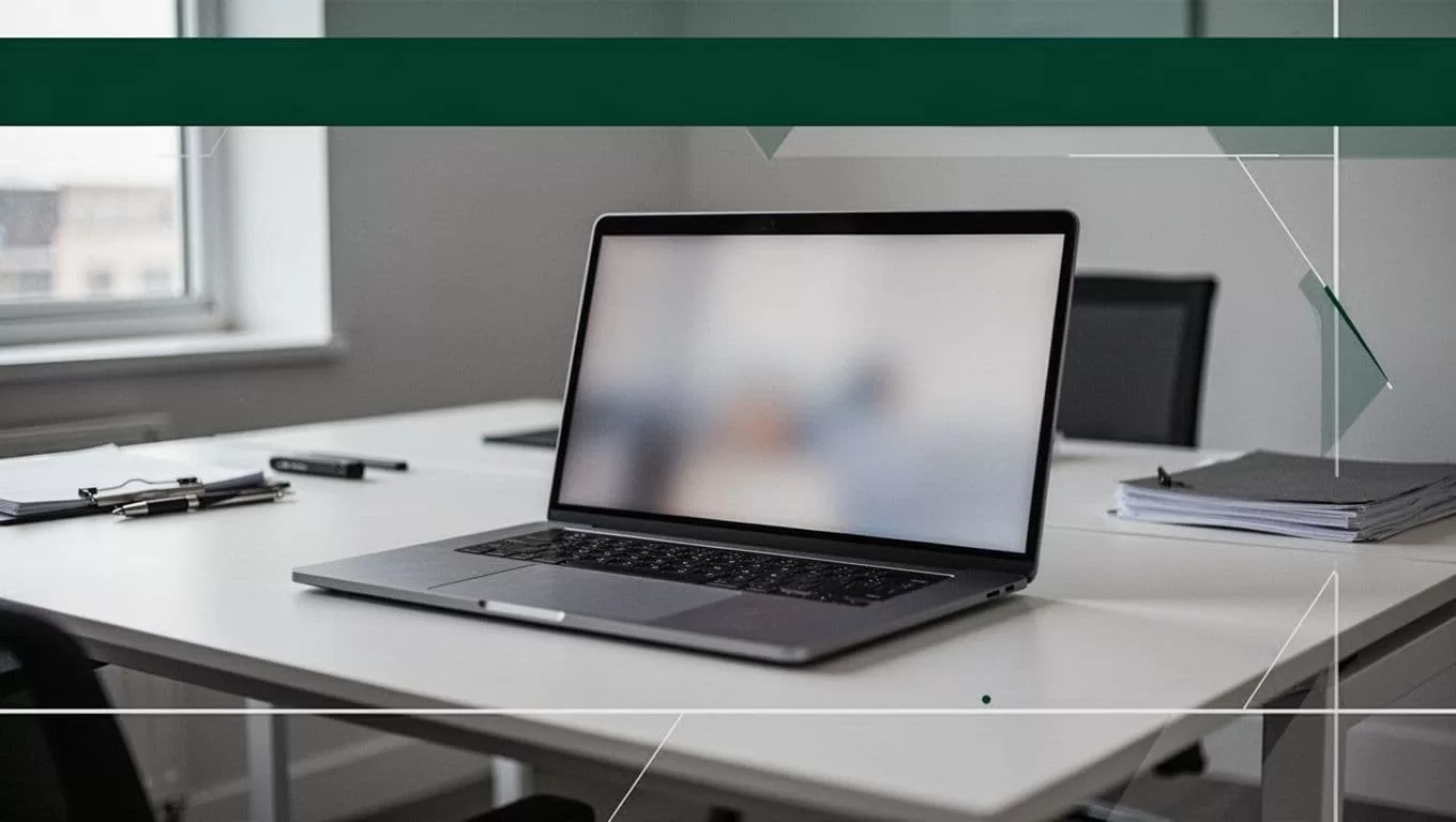 A modern laptop on a clean desk sits under a green banner with white typography.