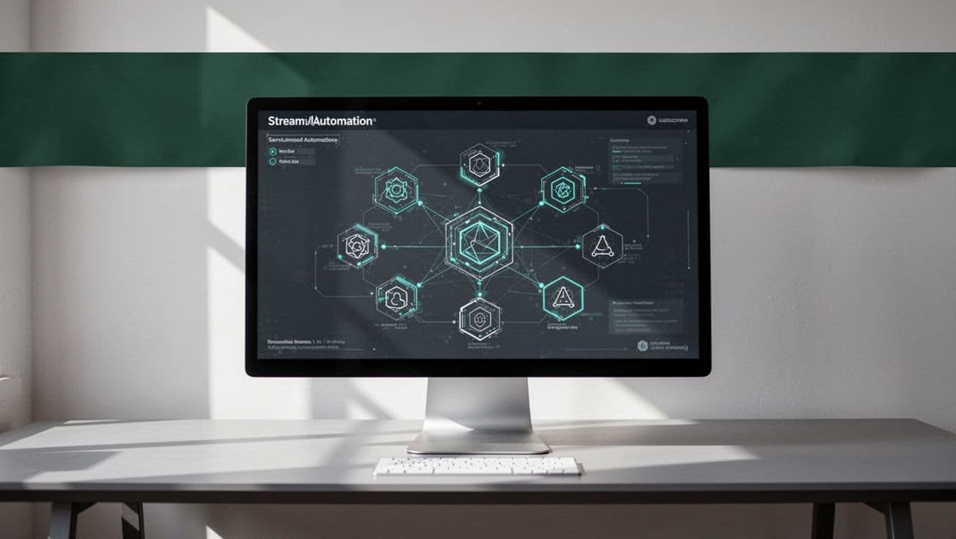 A computer screen showing an automation workflow below a dark green headline band.