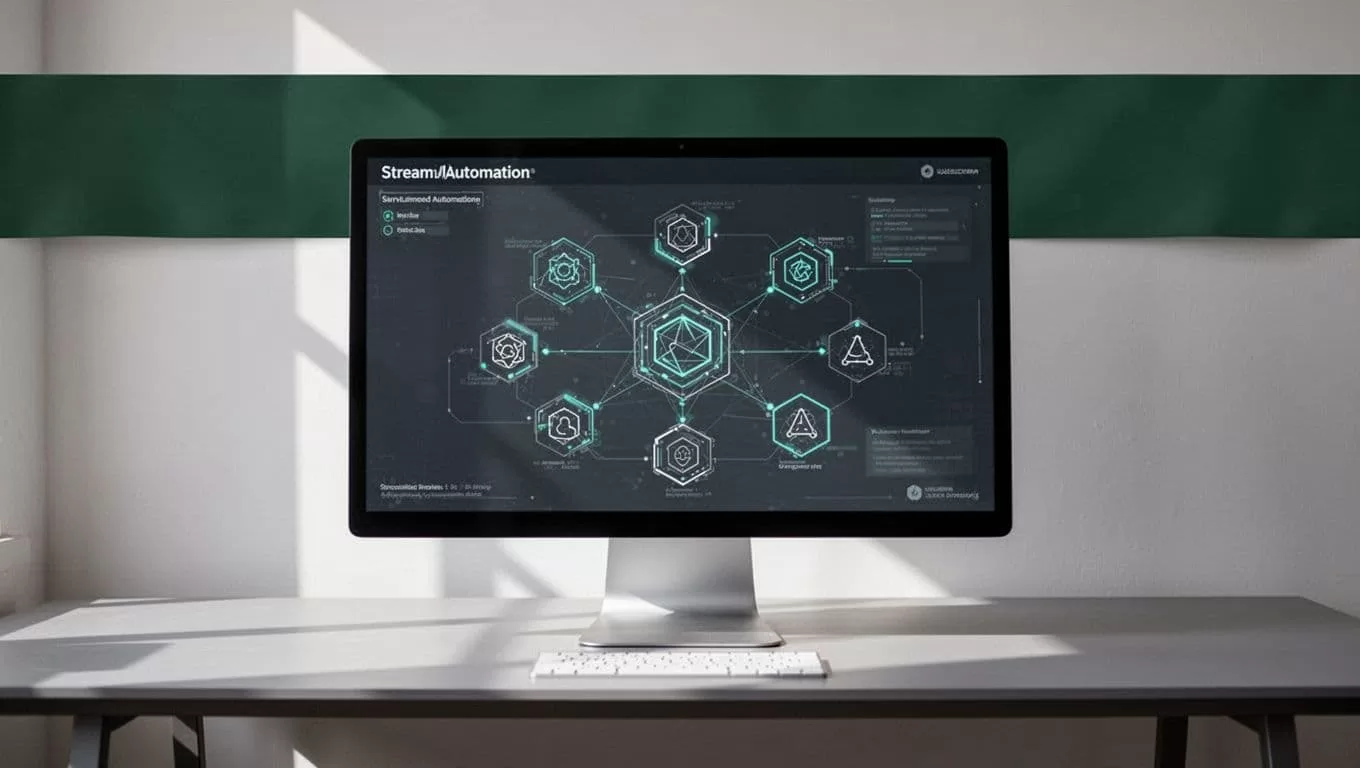 A computer screen showing an automation workflow below a dark green headline band.
