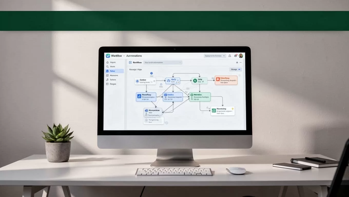 Monitor displaying a browser automation workflow setup interface on a modern office desk.