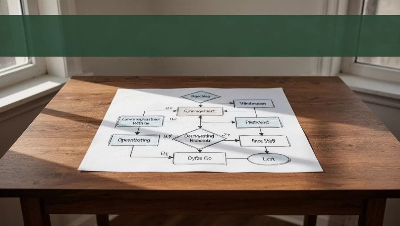 A workflow flowchart on a desk beneath a dark-green Workflow Rules banner.