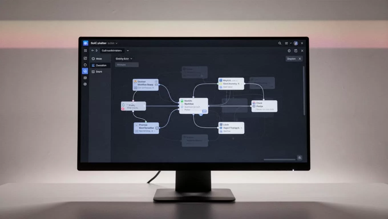Dark monitor showing a workflow builder with a colored band and 