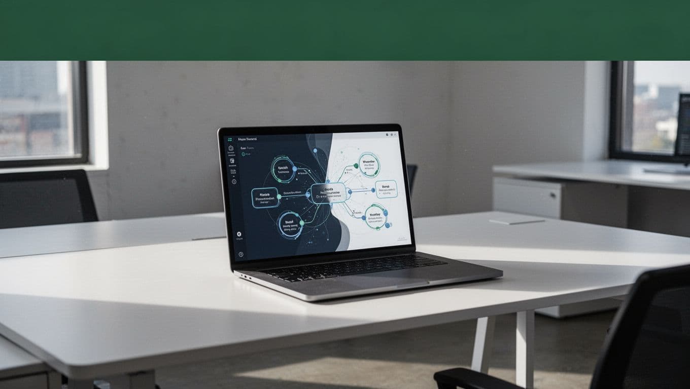 An open laptop on a clean desk displays digital workflow nodes beneath a top banner.