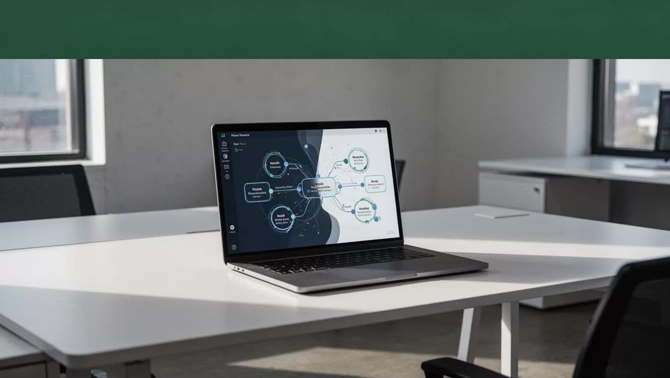 An open laptop on a clean desk displays digital workflow nodes beneath a top banner.