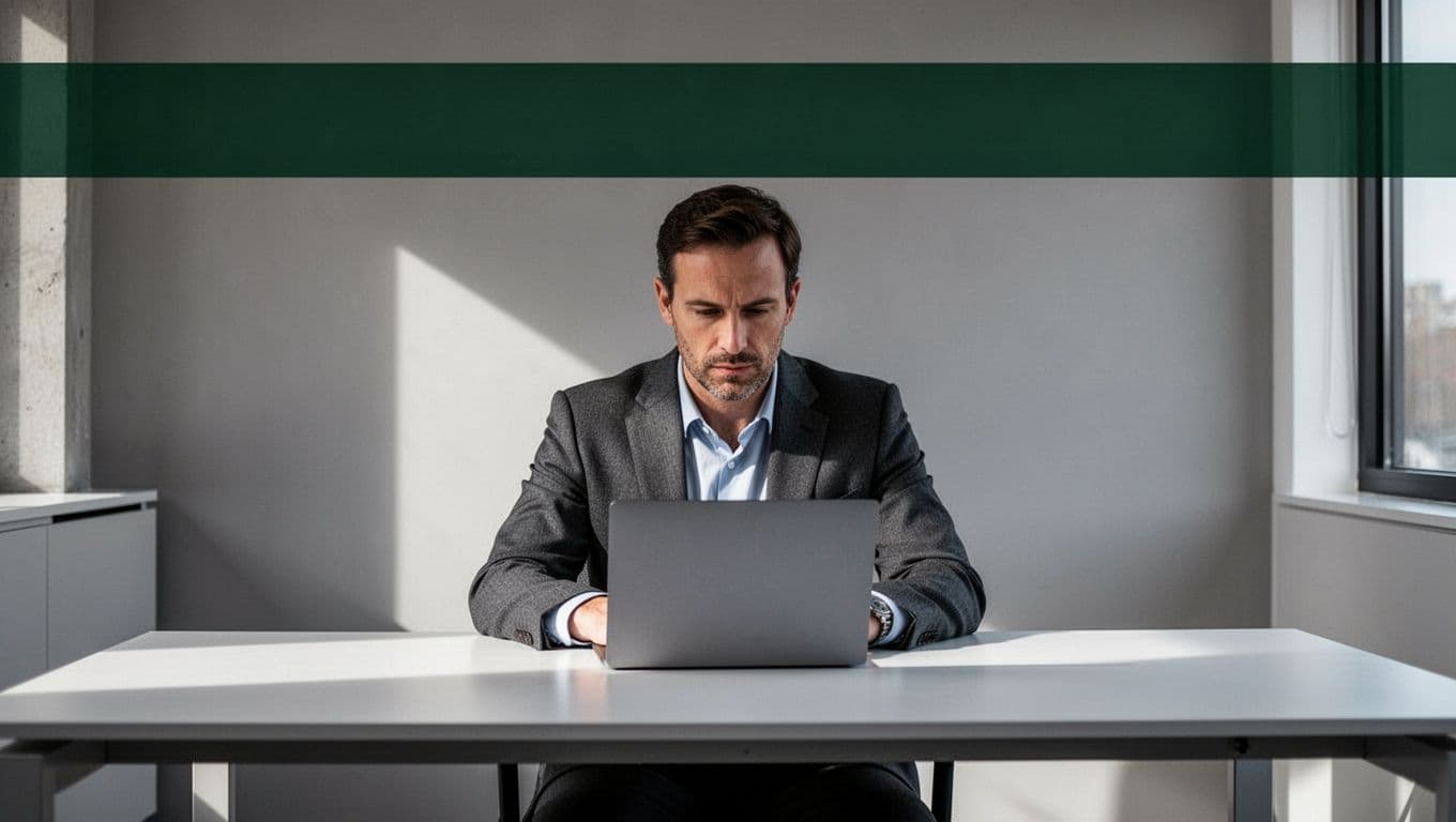 A focused professional works on a sleek laptop at a minimalist desk. A bold dark-green banner across the top displays the white geometric text for a content writing branding graphic.