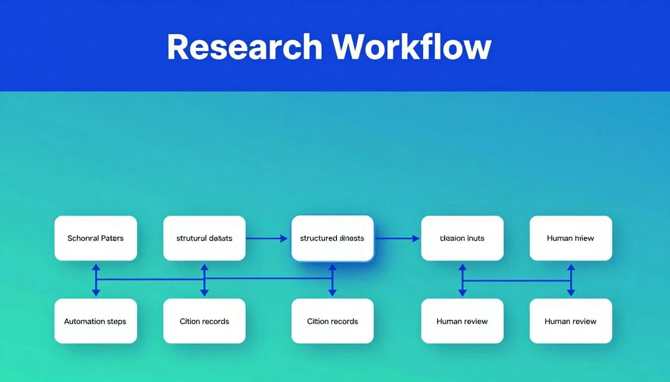 Diagram showing research sources connected to a central workflow node and human review.
