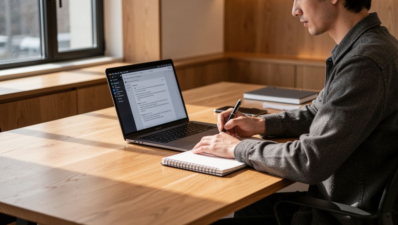 A person at a desk with a laptop, notepad, and Account Safety banner.