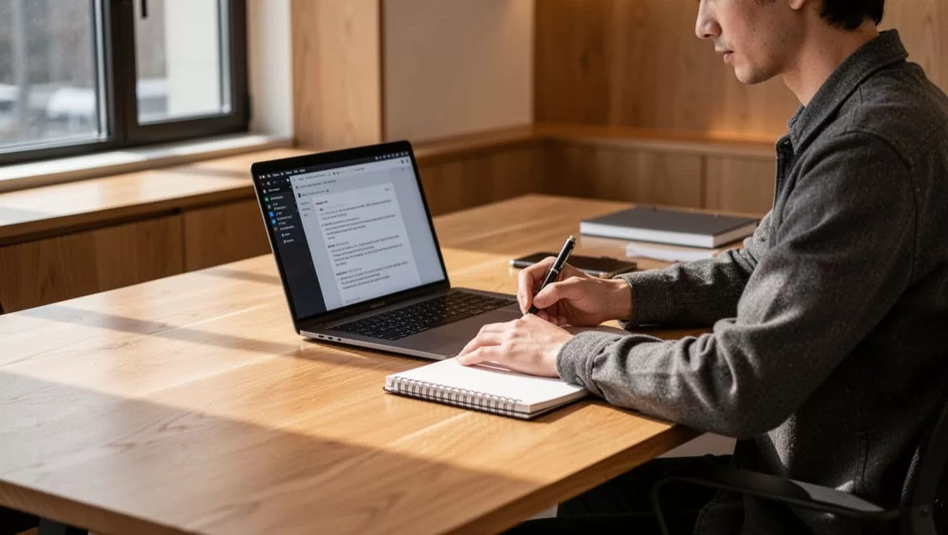 A person at a desk with a laptop, notepad, and Account Safety banner.