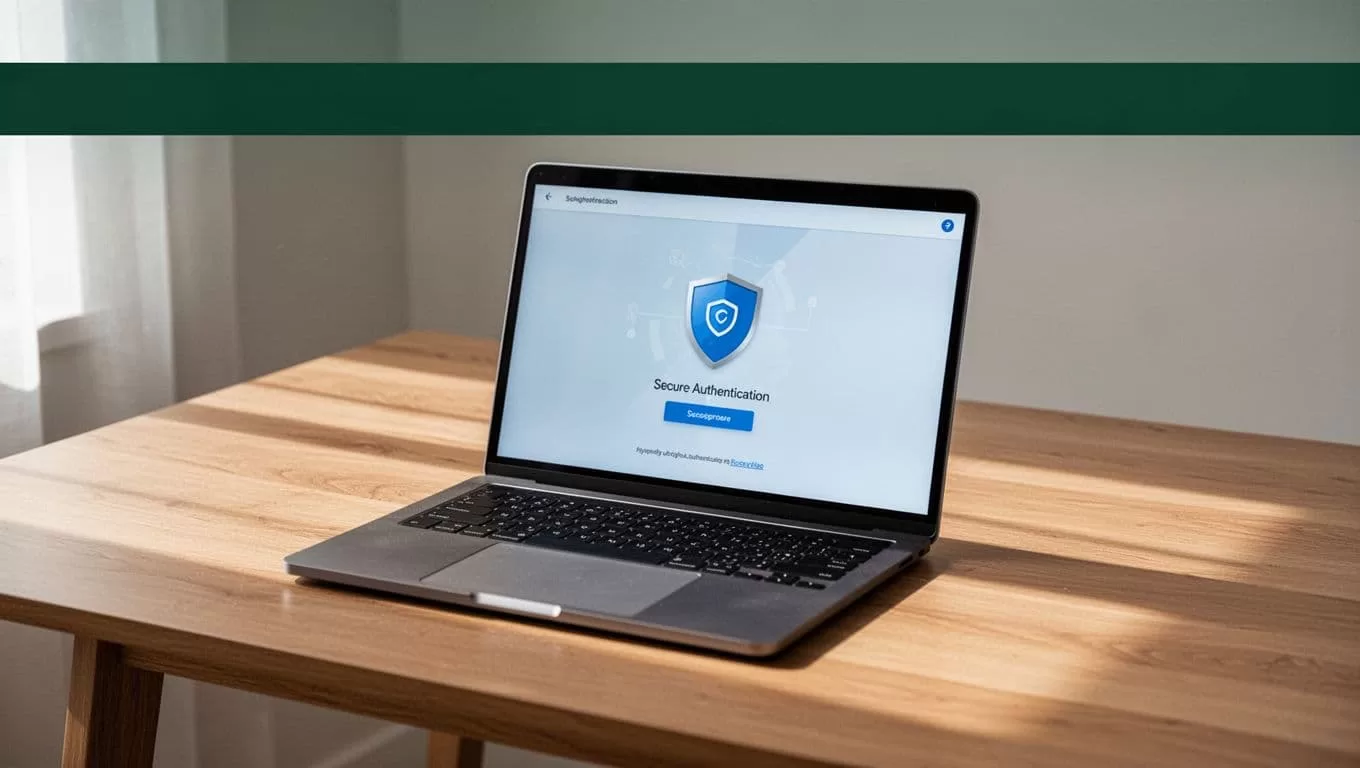 Laptop showing secure authentication on a wooden table beneath a green Account Security banner.