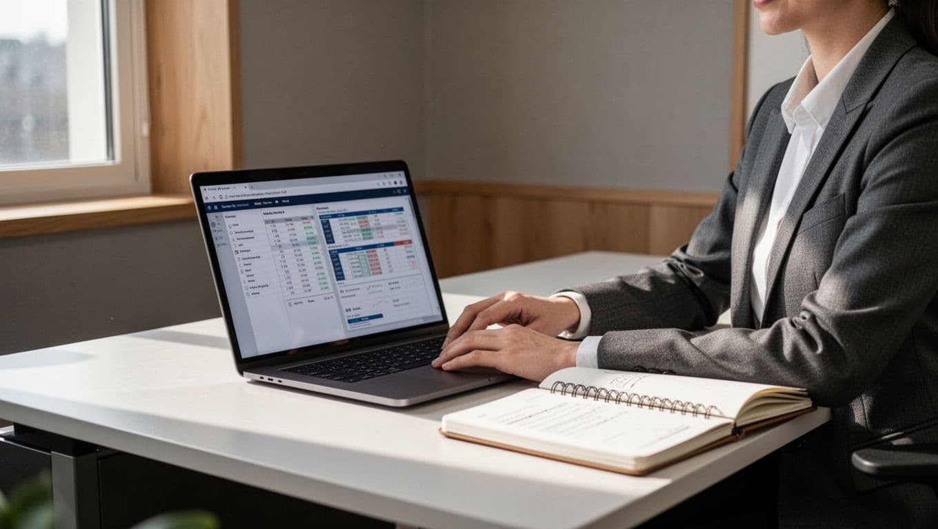 One person reviews a laptop and notebook at an accounting office desk.