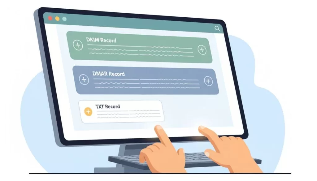 Modern illustration featuring a close-up of a DNS management panel on a computer screen displaying DKIM and DMARC records being added by a pair of hands typing. Clean shapes, controlled color palette, simple background, bright even lighting, and exactly one device with no readable text or extra objects.