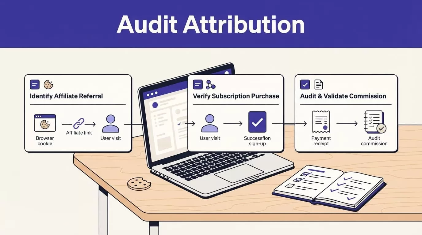Laptop and process cards show an affiliate attribution audit workflow beside a notebook.
