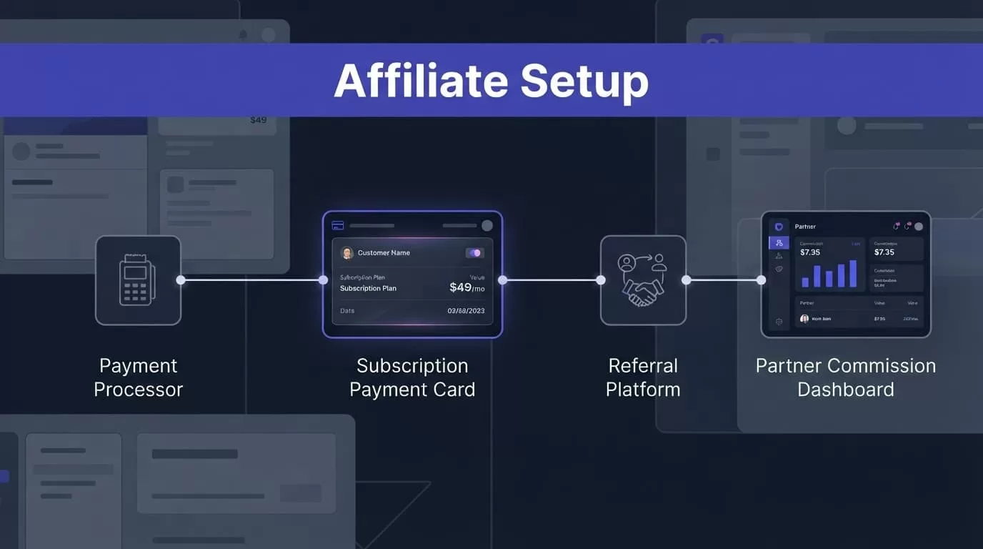 A payment card connects to a commission dashboard beneath an indigo Affiliate Setup banner.