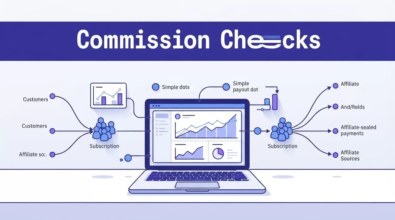 A laptop scene shows commission charts, payout dots, and linked customer paths.