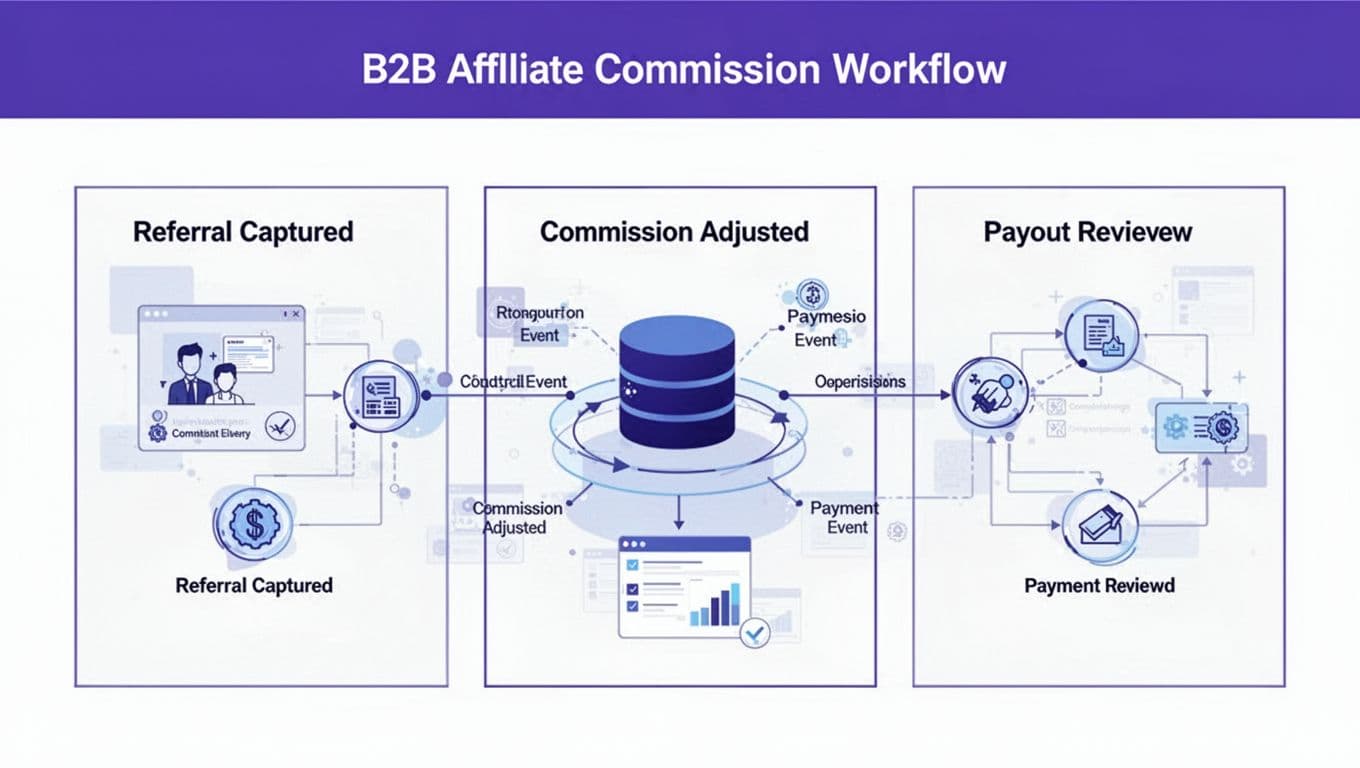 Three connected panels show affiliate referral, commission adjustment, and payout review stages.