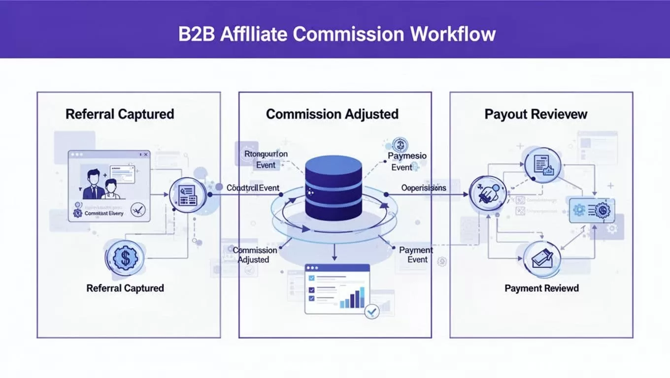 Three connected panels show affiliate referral, commission adjustment, and payout review stages.
