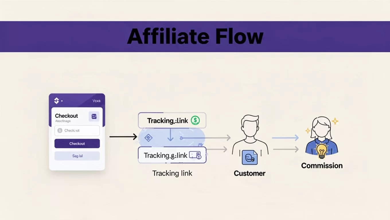 Diagram shows a customer checkout linked to partner tracking and commission flow.