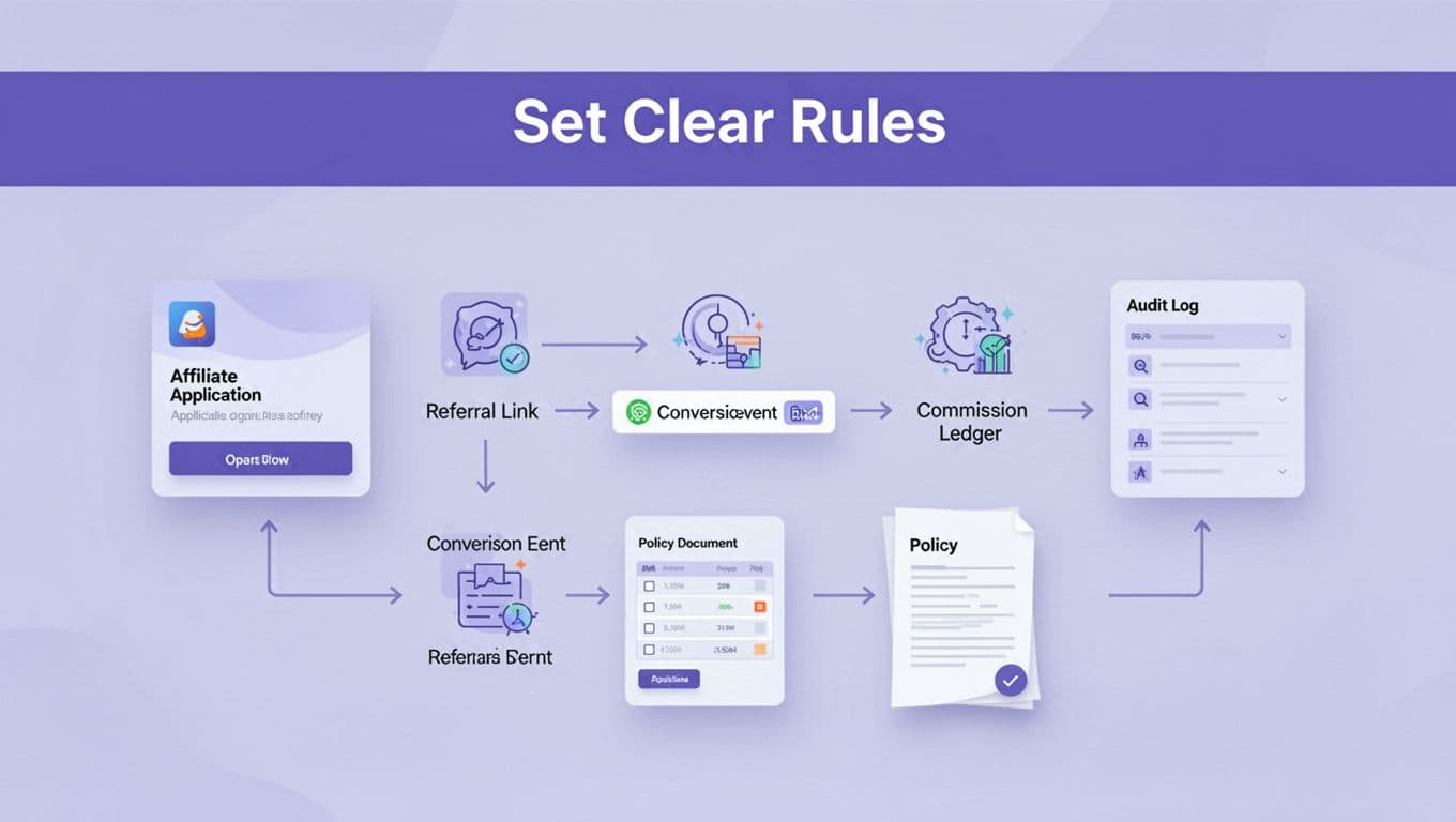 Affiliate records connect to a policy document and audit log in a blue-purple workflow.
