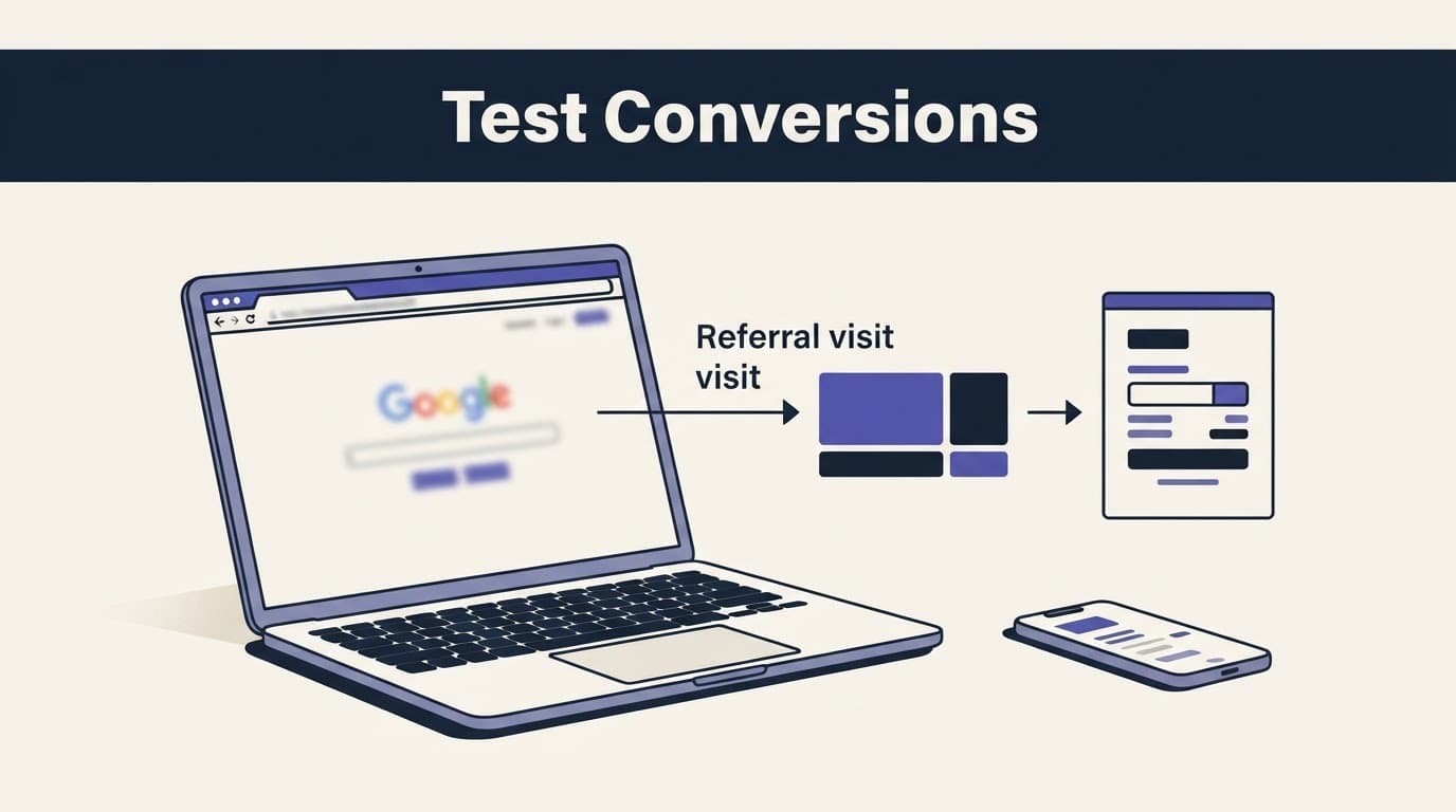Laptop and phone with geometric blocks showing an affiliate checkout flow.