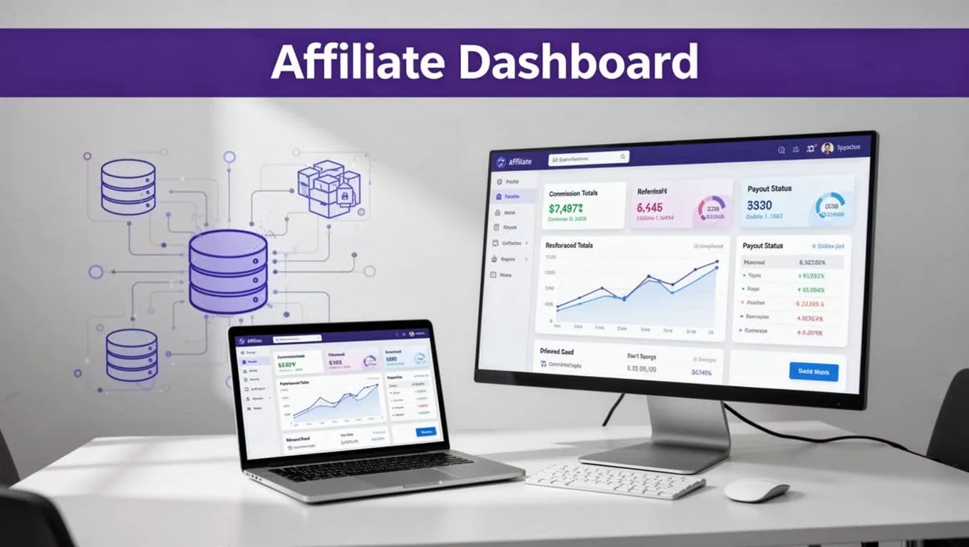 A laptop and monitor show affiliate metrics linked to database shapes.