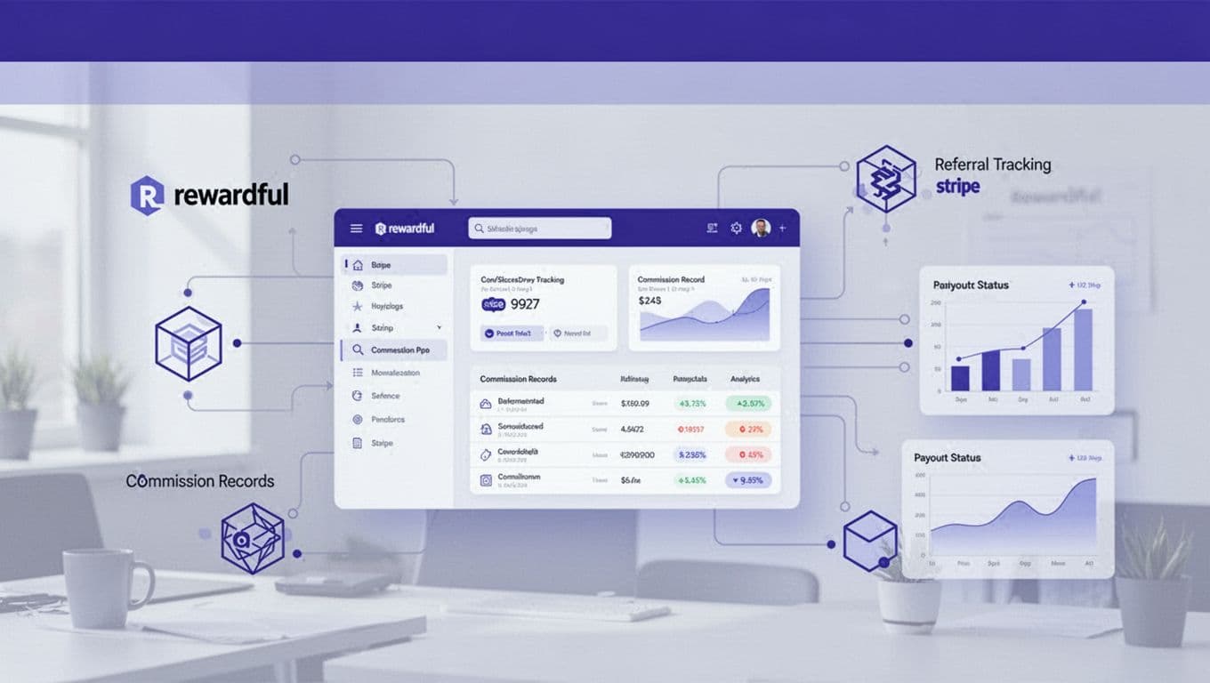 A blue affiliate dashboard connected to referrals, commissions, payouts, Stripe, and analytics.
