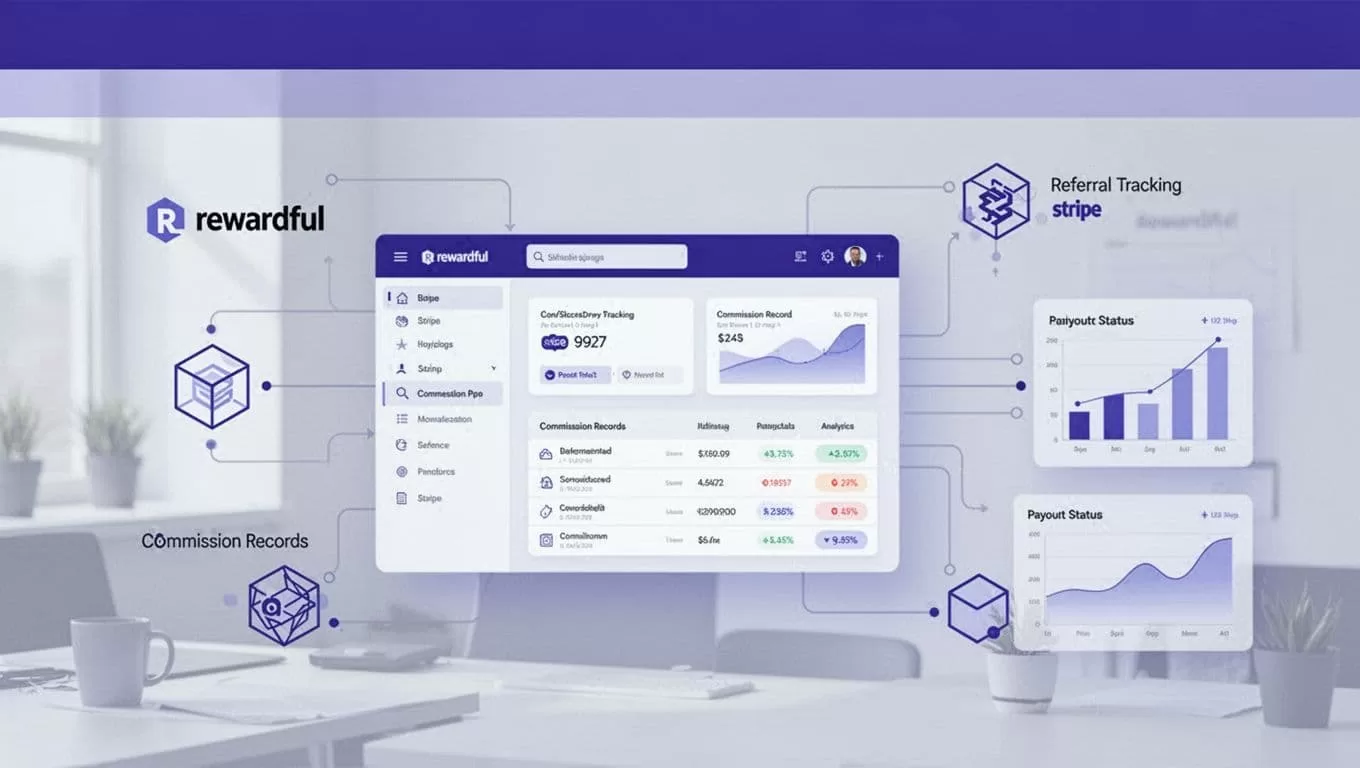 A blue affiliate dashboard connected to referrals, commissions, payouts, Stripe, and analytics.
