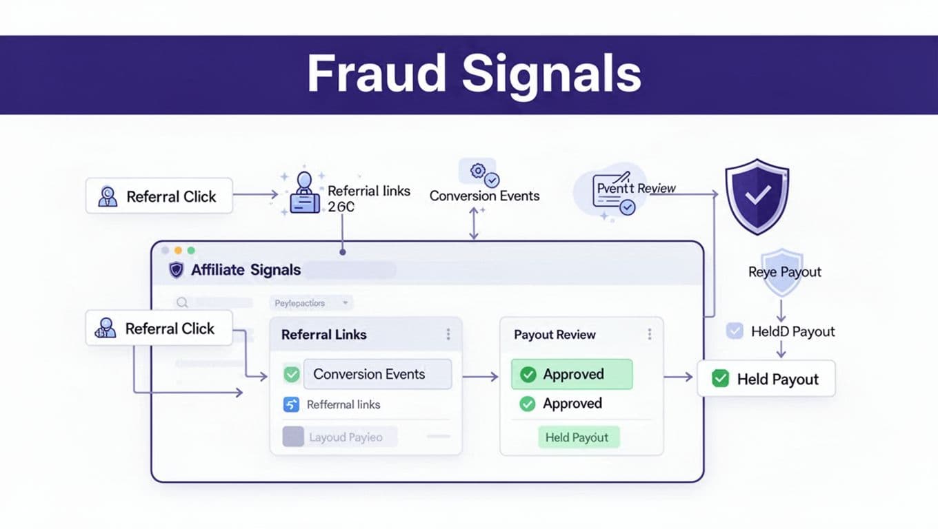A dashboard shows referral activity flowing through conversion checks to payout review and security screening.