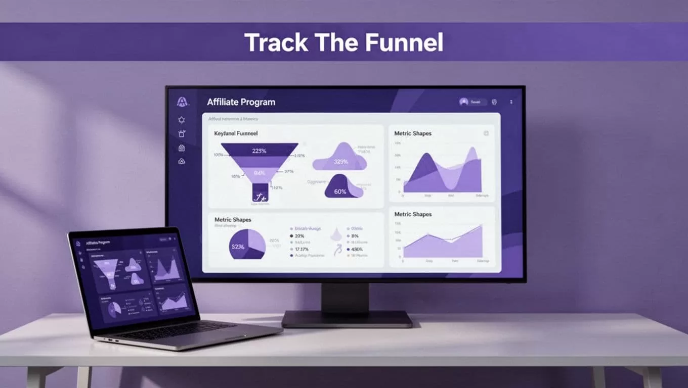 Laptop showing an abstract affiliate referral funnel dashboard.