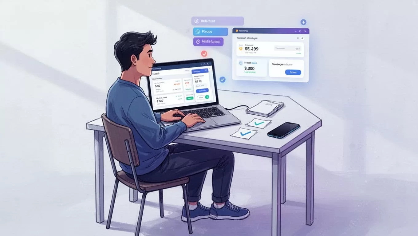 A marketer tests affiliate referrals beside a laptop, phone, and check-marked notes.