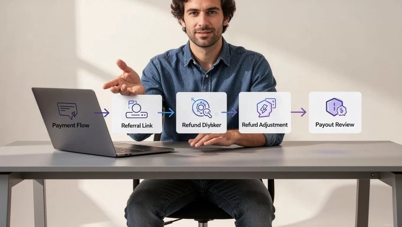 A founder reviews affiliate payment flows on a laptop at a modern desk.