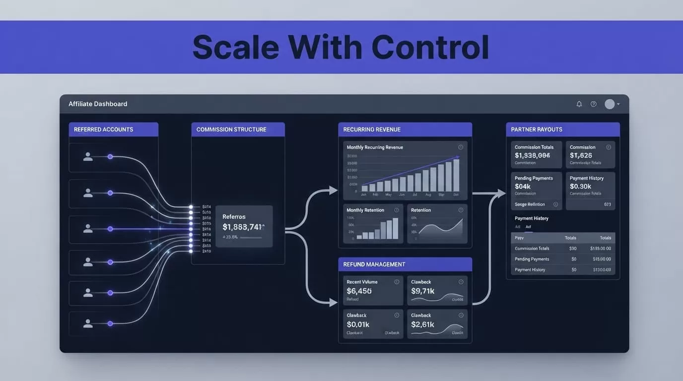 A SaaS dashboard routes referrals to revenue, refund, and payout panels.