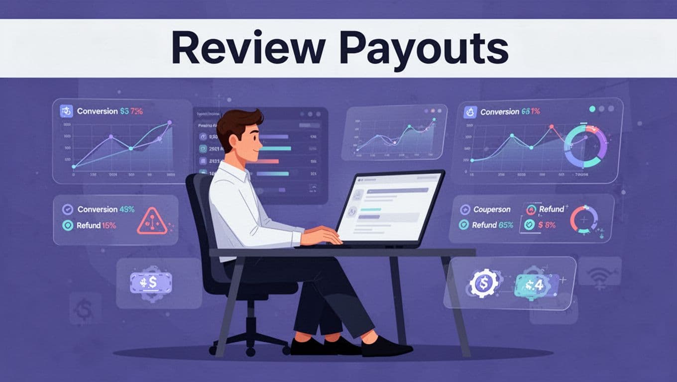A seated manager reviews suspicious affiliate activity beside an analytics panel.