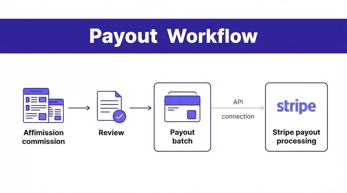 A fintech workflow showing commissions moving through review and compliance checks to Stripe payouts.