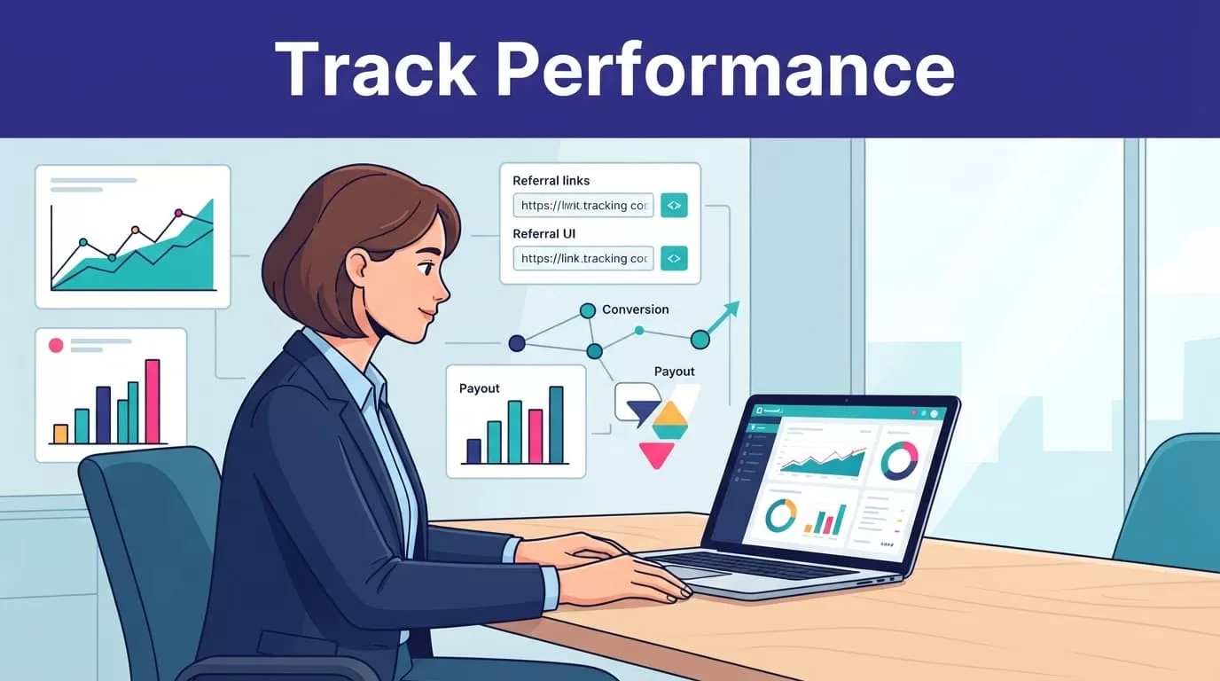 A manager reviews affiliate analytics on a laptop in a modern office.