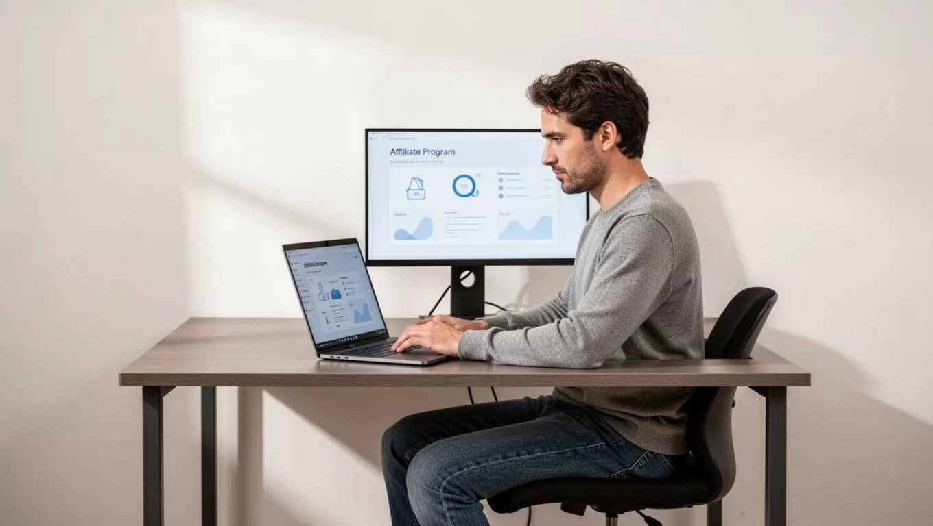 A founder configures an affiliate dashboard on a laptop in a compact home office.