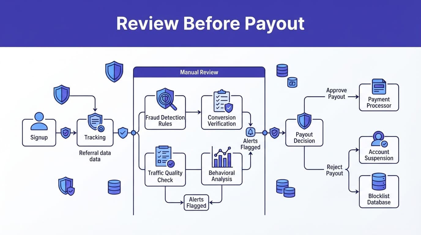 Referral data flows through tracking, review, and payout stages with security and payment icons.