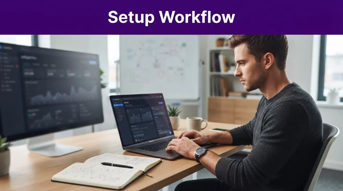 A founder configures an affiliate workflow at a desk with a laptop and monitor.